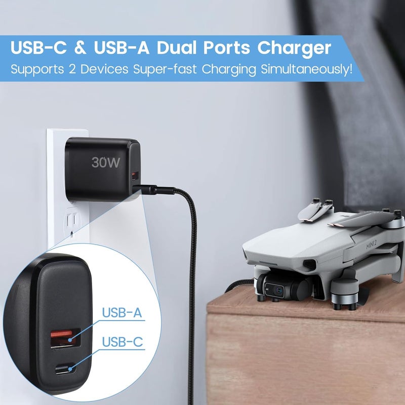 weishan شاحن سريع 30 واط PD USB C لطائرات DJI Neo و Mini 4K و 2 SE و 4 Pro و Air 2S و Avata 2، شاحن حائط مزدوج المنفذ USB + Type C مع كابل شحن بطول 6 أقدام من C إلى C لملحقات DJI FPV - Image 4